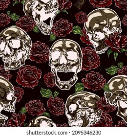 Seamless vector pattern of various negative skulls and dark red roses on dark background.