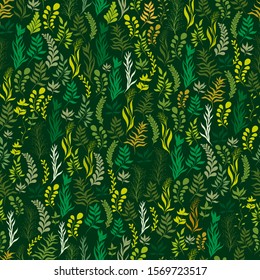 Seamless vector pattern with various plants on a dark green background.