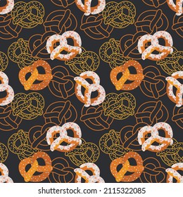 Seamless vector pattern with various pretzels. Flat and line stylized objects. Cute hand drawn background for packaging, wrapping paper, fabric, textile, wallpaper, card, menu cafe or restaurant.