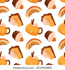 Seamless vector pattern with various pumpkin treats pie slice, cupcake and pumpkin spice latte. Design for autumn or Thanksgiving, wrapping, background and seasonal food celebrations. Cartoon