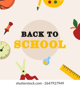 Seamless vector pattern with various school elements like basketball, ruler, apple, clock, pencil, paint palette, and laboratory equipment. Perfect for educational backgrounds, school materials