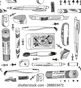 Seamless vector pattern with various school and office supplies : brush, pin, cutter, pocket knife, tool, marker, pen, pencil, box, eraser...