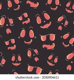 Seamless vector pattern with various stylized pumpkin faces on black background. Cute Halloween theme design. Spooky hand drawn texture for wrapping paper, print, gift, fabric, textile, wallpaper.