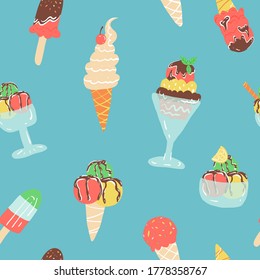 Seamless vector pattern with various tastes summer fruit cooling desserts like ice cream in a waffle cone, in a bowl, frozen yogurt and juice, with topping, mint, sugar cherry, chocolate syrup, sorbet
