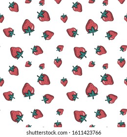 Seamless vector pattern with various tasty strawberries on white backgroud. Trendy summer print with berries in hand drawn style. Yummy and tasty food
