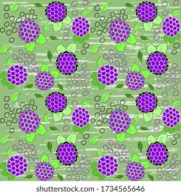 Seamless vector pattern with various violet blackberries on a greenish background. Vegetarian illustration, artistic. Summer design.