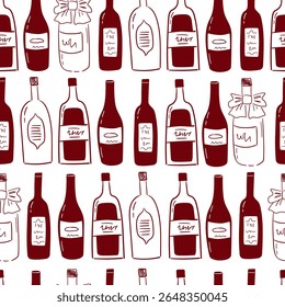Seamless vector pattern with various wine bottles. Whimsical party drinks background. Doodle beverage silhouettes. Wallpaper, wrapping paper, textile design