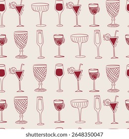 Padrão de vetor sem costura com vários copos de vinho, champanhe e coquetel. Fundo Dolce Vita com bebidas desenhadas à mão. Textura de bebida extravagante para papel de parede, papel de embrulho, têxtil