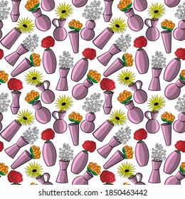 Seamless vector pattern with vases and flowers