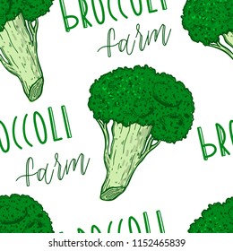 Seamless vector pattern with vegetable broccoli . For kitchen, for printing on textiles, phone case. Mix design for fabric and decor.Vitamin farm, drawing, product market. Hand draw illustration.
