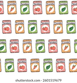 Seamless vector pattern with vegetable seeds. A vivid picture for fabric, wallpaper, clothes. A repeating element on a white background. Spring planting of crops. Tomatoes, carrots, cucumbers