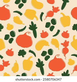 Seamless vector pattern with vegetable silhouettes. Agriculture background. Hand drawn farm elements in flat style