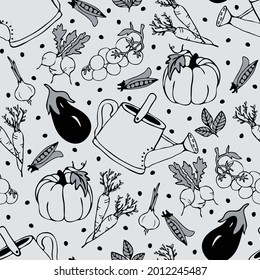 Seamless vector pattern with vegetable sketch on grey background. Simple vintage lifestyle wallpaper design. Decorative kitchen fashion textile.