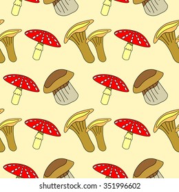 Seamless vector pattern with vegetables, background with closeup mushrooms: fly agaric, chanterelle and porcini mushrooms
