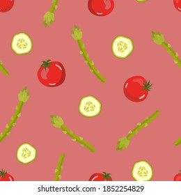 Seamless vector pattern with vegetables. Cherry tomatoes, green asparagus, cucumber. Vegetables on a colored background for the design of fabrics, banners, menus, cafes, shops