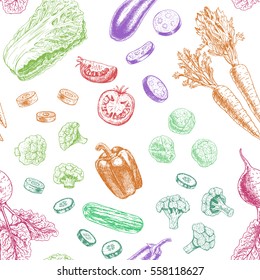 Seamless vector pattern with vegetables. Colored sketches. Vegan food. Design for background. Carrot pepper broccoli eggplant cucumber cabbage beets tomato cauliflower. Vector illustration.