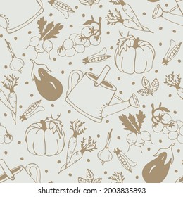 Seamless vector pattern with vegetables doodle on off white background. Simple summer garden wallpaper design. Decorative organic fashion textile.