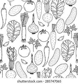 Seamless vector pattern vegetables. Vegetables doodle style. Vector black and white pattern