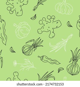 Seamless vector pattern vegetables. Drawing, sketch, doodles. Onion, garlic, ginger, pepper. Vitamin vegetarian food set. Healthy food.