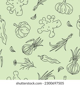 Seamless vector pattern vegetables. Drawing, sketch, doodles. Onion, garlic, ginger, pepper. Vitamin vegetarian food set. Healthy food.