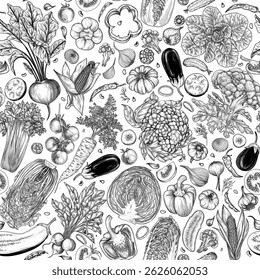 Seamless vector pattern with vegetables in engraving style. Background with chopped vegetarian ingredients. Cooking proper food. Cabbage, tomato, cucumber, eggplant, celery, beetroot, carrot, pepper