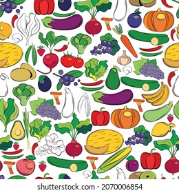 Seamless vector pattern with vegetables and fruits on a white background