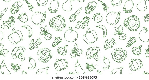 Padrão de vetor contínuo. Legumes e frutas: repolho, cenoura, groselha, framboesa, laranja, banana, pimenta, pimenta, repolho, brócolis, gengibre, alho, milho, pêssego e abóbora