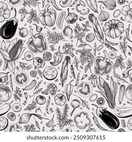 Seamless vector pattern vegetables and herbs. Whole, halves, slices, pieces. Tomato, pepper, chili pepper, eggplant, corn, beans, onion, garlic, broccoli, dill, arugula, parsley, mint, cucumber