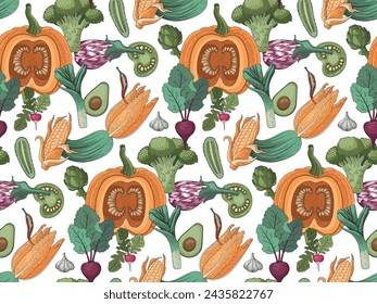 Seamless vector pattern of vegetables. Pumpkin, zucchini, avocado, onion, eggplant, cucumber, beetroot, radish, pepper, garlic, broccoli and tomato on a white background.