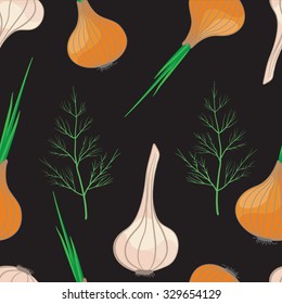 Seamless vector pattern with vegetables:  red tomatoes, cucumbers, parsley and yellow onions. Vector.