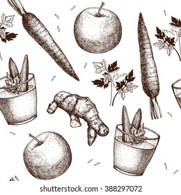Seamless vector pattern with vegetables smoothie ink hand drawn illustration. Vegetables smoothie vintage background.Healthy drink recipe isolated on white