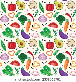 Seamless vector pattern with vegetables and spices, kitchen decoration, tablecloth, wallpaper, vegetarian food concept.