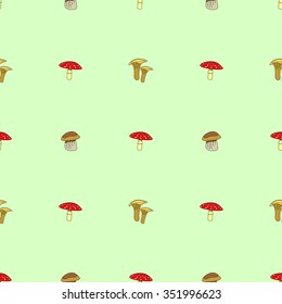 Seamless vector pattern with vegetables, symmetrical background with mushrooms: fly agaric, chanterelle and porcini mushrooms
