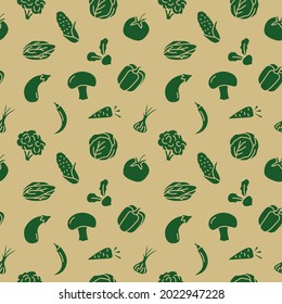 Seamless vector pattern with Vegetables. Tomato, cauliflower, salad, pepper, potato, corn, mushroom, broccoli. For fabric, paper, wrap, textile, poster, scrapbooking, wallpaper or background.