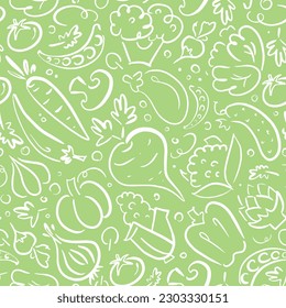 Seamless vector pattern. Vegetables. Tomato, beetroot, pumpkin, garlic, cucumber, mushroom, pea, paper, egg plant, carrot, broccoli, onion, corn, cauliflower, gherkin, radish and cabbage. 