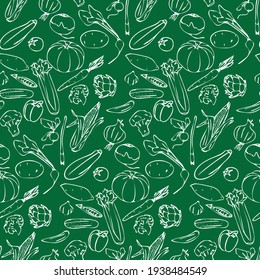 Seamless vector pattern with vegetables. White outlined vegetables on green background