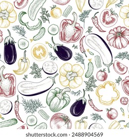 Seamless vector pattern vegetables. Whole vegetables, halves, slices and pieces in engraving style
