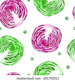 Seamless vector pattern. Vegetarian healthy food. Watercolor background. Cabbage. Isolated elements for easy use.