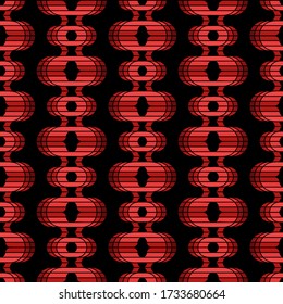 Seamless vector pattern with vertical chains of red paper lanterns in the black sky. Oriental lamps in abstract geometric style. Bright design for Chinese New Year and lantern festivals. Asian style.