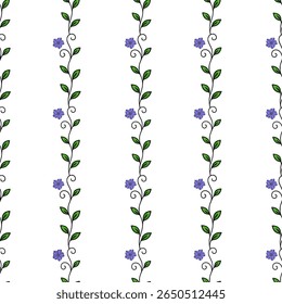 Seamless vector pattern of vertical floral vines with delicate purple flowers and green leaves, creating a charming and elegant design.