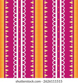 Seamless vector pattern with vertical geometric ornament. Ethnic motifs in bright palette. Boho style design for textiles, fabrics, covers, wallpapers, surfaces.