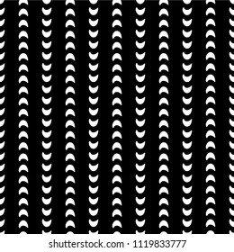 Seamless vector pattern. Vertical lined up moon crescents. White shapes on a black background. Abstract geometric background.