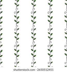 Seamless vector pattern with vertical lines of stylized green leaves and swirls, creating a simple yet elegant botanical design perfect for backgrounds, textile prints, or wrapping paper.