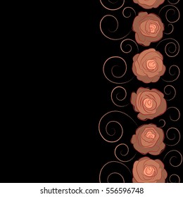 Seamless vector pattern with vertical neutral, orange and red roses. Design of flowers in vintage style with copy space (place for your text). Illustration of floral decoration.