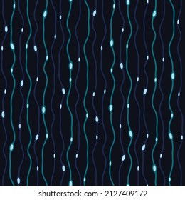 Seamless vector pattern with vertical shine lines on black background. Simple wavy glow stripe wallpaper design. Decorative neon fashion textile.