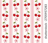 Seamless vector pattern with vertical stripes of red cherries and simple pink flowers on pink striped background. Flat design for textile print, fabric prints, wallpaper, summer backgrounds.