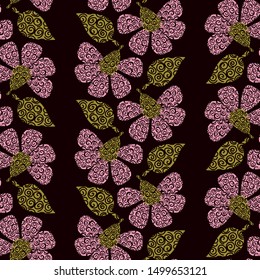 A seamless vector pattern with vertical stripes of decorative pink flowers and green leaves on a dark background. Surface print design.