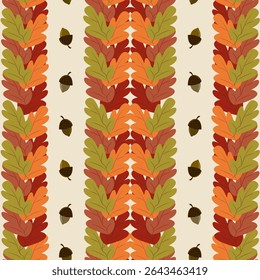 Padrão de vetor sem emenda com listras verticais de folhas de carvalho de outono em cores de queda e bolotas em um fundo de creme claro. Ideal para projetos sazonais, de natureza e com temática florestal.