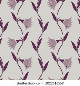Seamless vector pattern with vertical wallflower on purple background. Simple vintage floral wallpaper design. Decorative flower grow fashion textile.