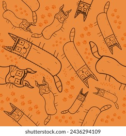 Seamless vector pattern with very funny and beautiful cats and cat paws. For web and business. Black and orange
